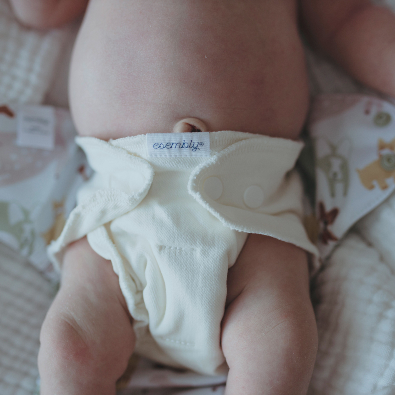 Close-up of a baby wearing a soft, organic cotton Esembly fitted diaper inner.